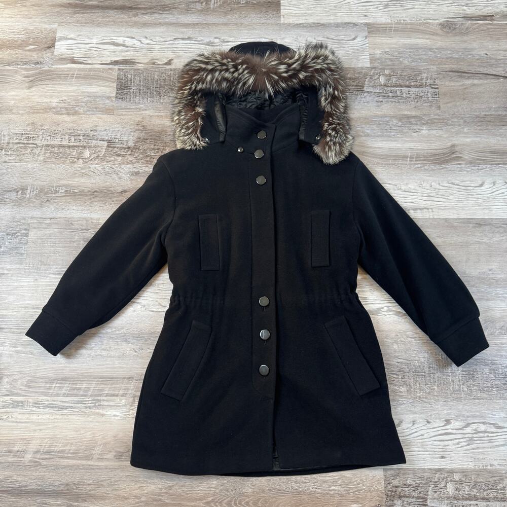 Escada Margaretha Ley Wool Parka Silver Fox Fur Hood Black Coat 90s Luxury